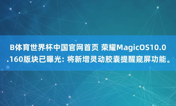 B体育世界杯中国官网首页 荣耀MagicOS10.0.160版块已曝光: 将新增灵动胶囊提醒窥屏功能。
